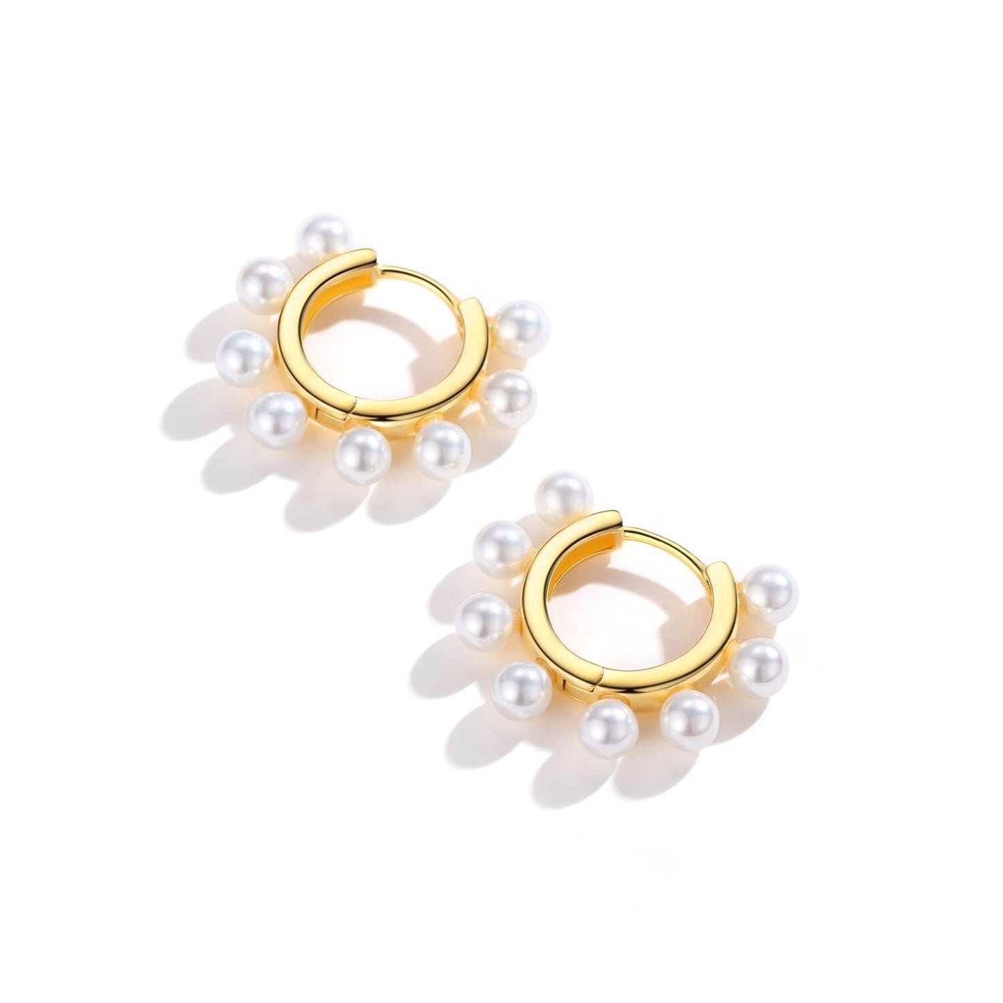 925 Sterling Silver 925 Gold Plated Small Round White Pearls Huggie Hoop Earrings for Women