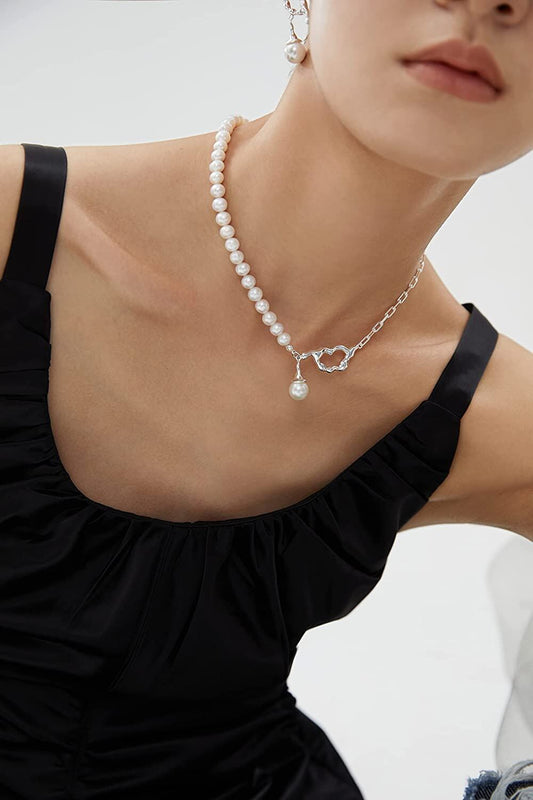 925 Sterling Silver Metal Pearl Choker 14-16mm Round White Freshwater Pearls Necklaces for Women