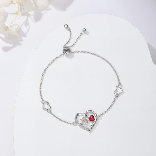 925 Sterling Silver & 5A Zircon Heart Stethoscope Birthstone Bracelet - Adjustable Chain