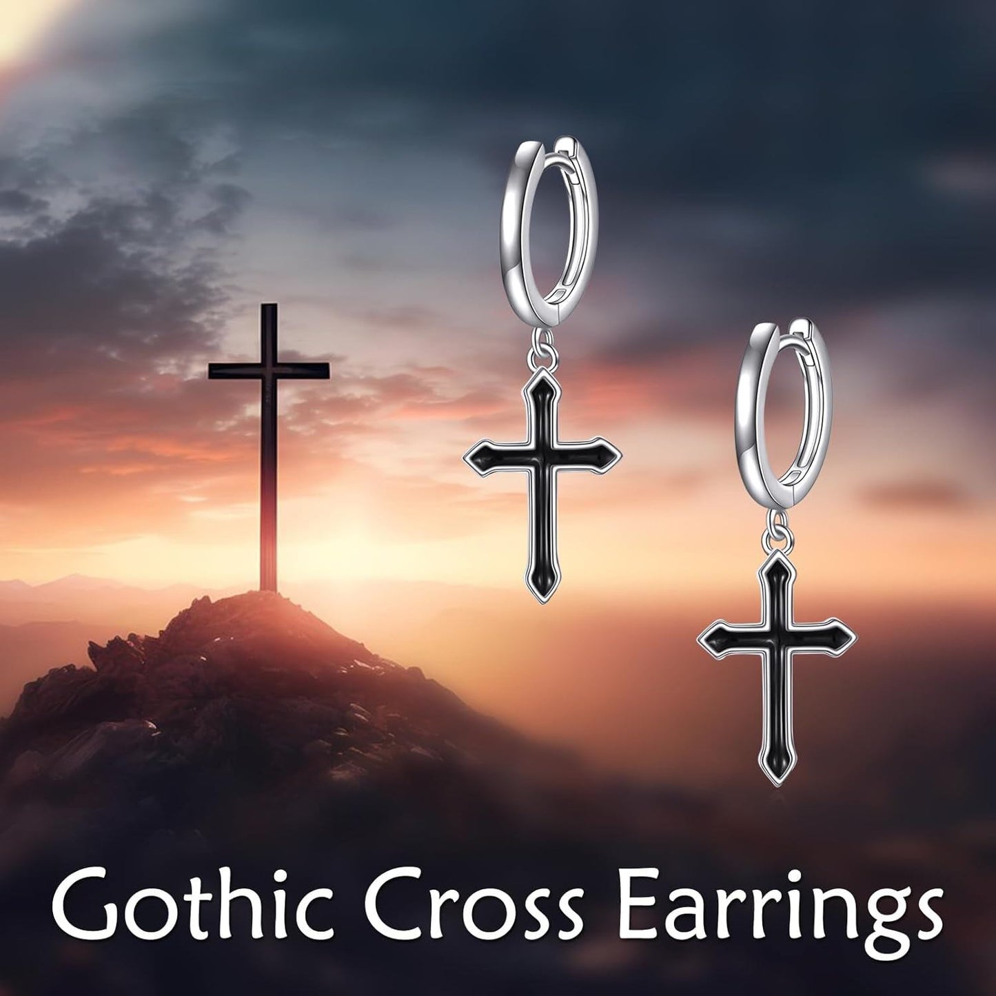 925 Sterling Silver Black Cross Dangle Drop Hoop Earrings for Women