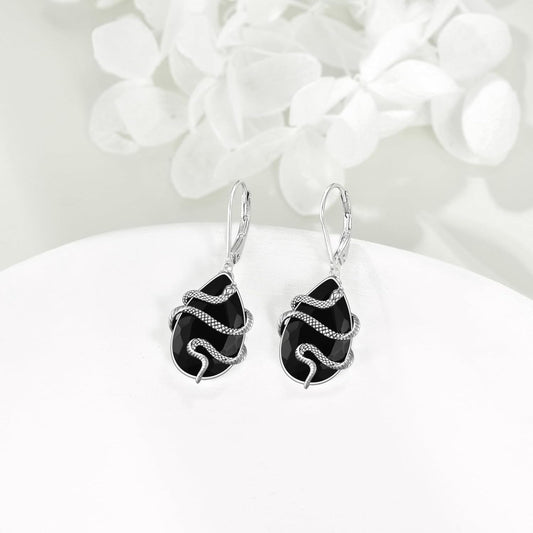 925 Sterling Silver Black Tourmaline Snake Dangle Drop Leverback Earrings Crystal Healing Jewelry Spiritual Protection Gifts for Women