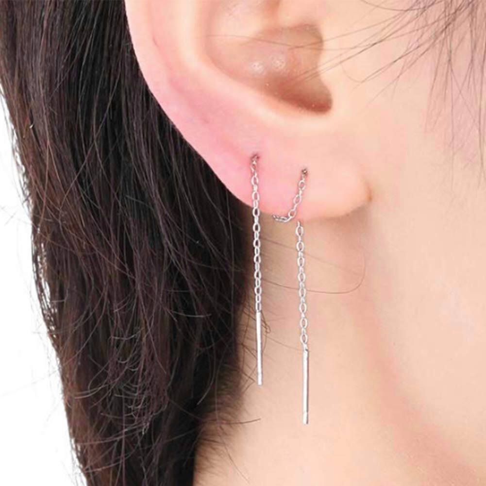 925 Sterling Silver Threader Chain Dangle Earrings with Long Bar Pendant for Women
