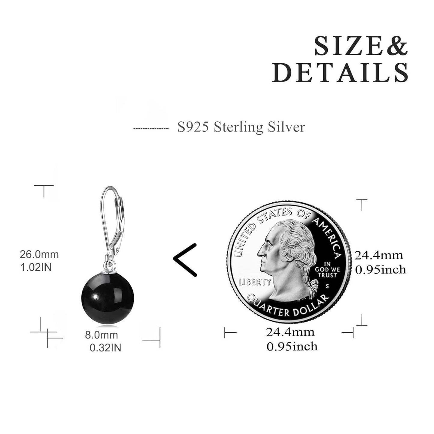 925 Sterling Silver Black Onyx Ball Leverback Dangle Drop Earrings for Women