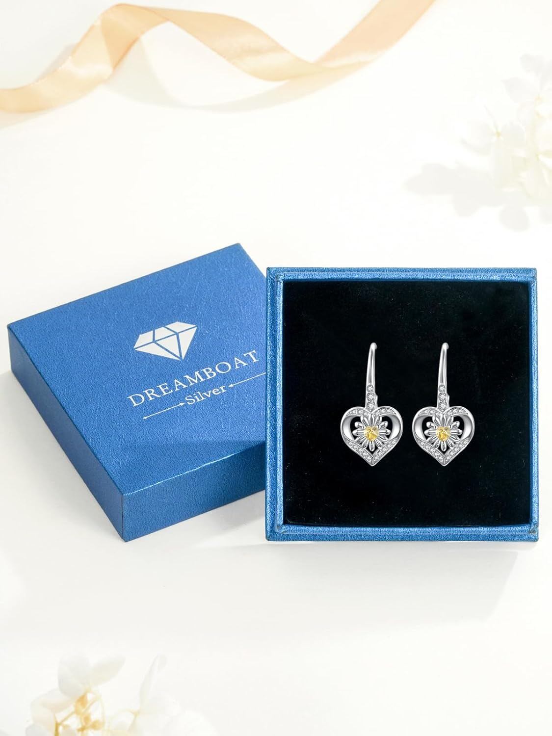 925 Sterling Silver Yellow Citrine Daisy Flower Heart Drop Dangle Lever Back Earrings for Women