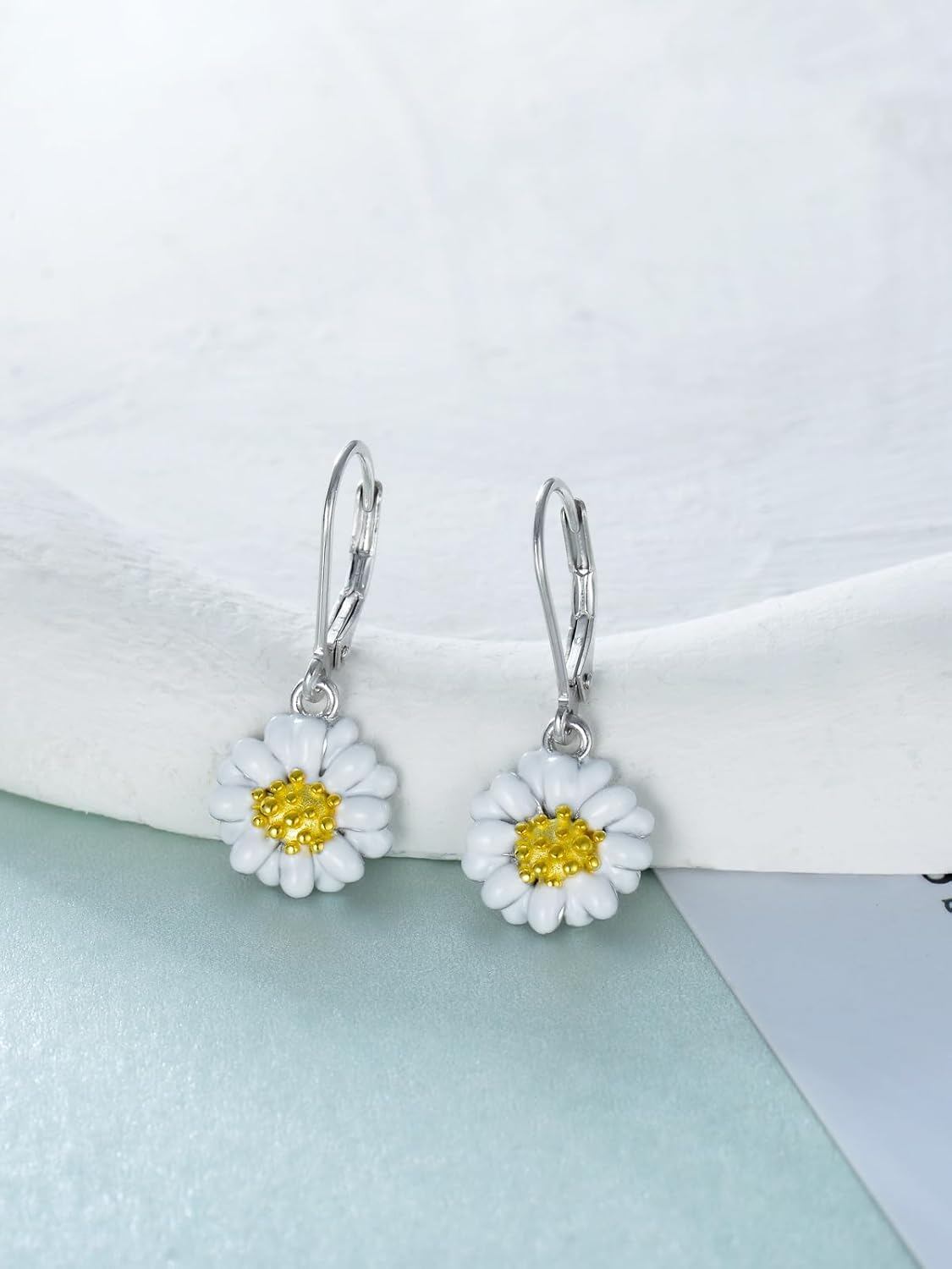 925 Sterling Silver Daisy Flower Leverback Dangle Drop Earrings