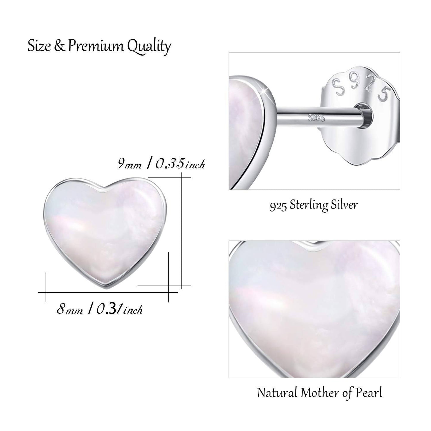925 Sterling Silver Heart Shape Mother of Pearl Stud Earrings for Women Girls Gifts Jewelry Accessories Hypoallergenic Safe 6MM Size