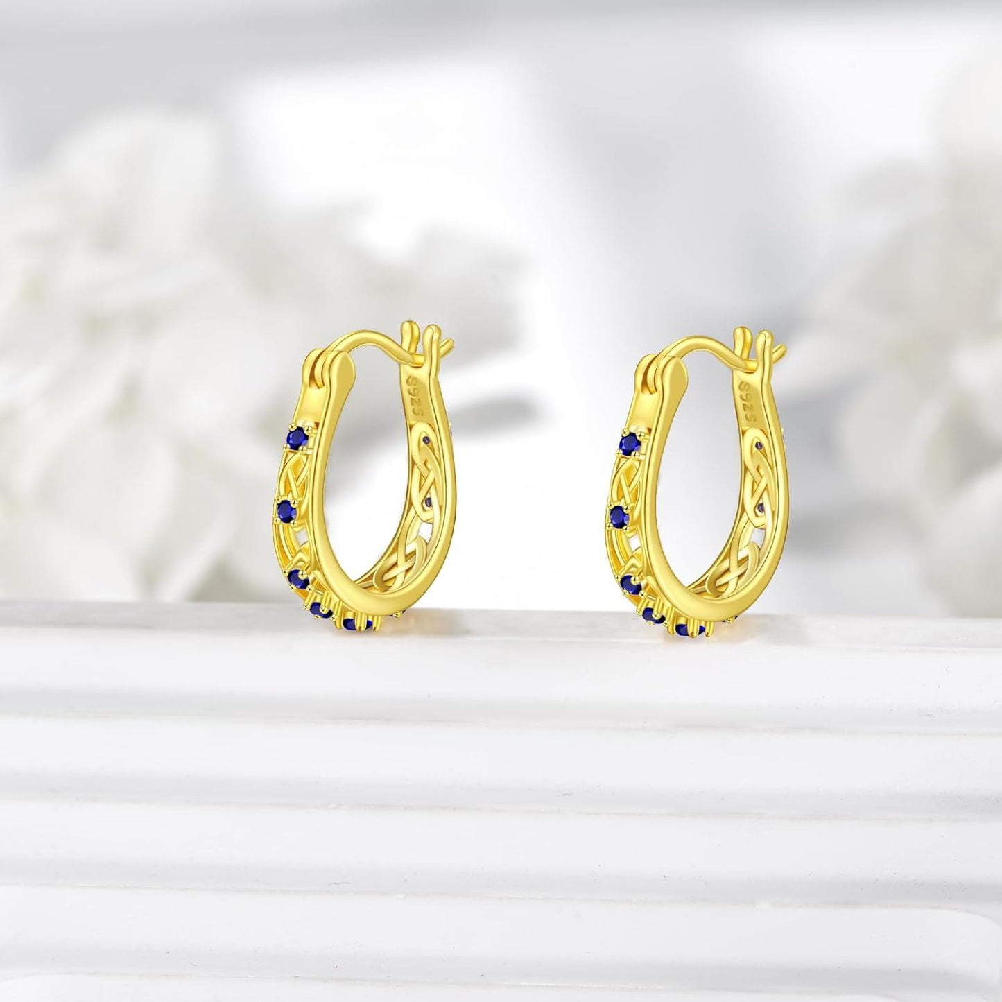925 Sterling Silver Blue Sapphire Celtic Knotwork Hoop Earrings