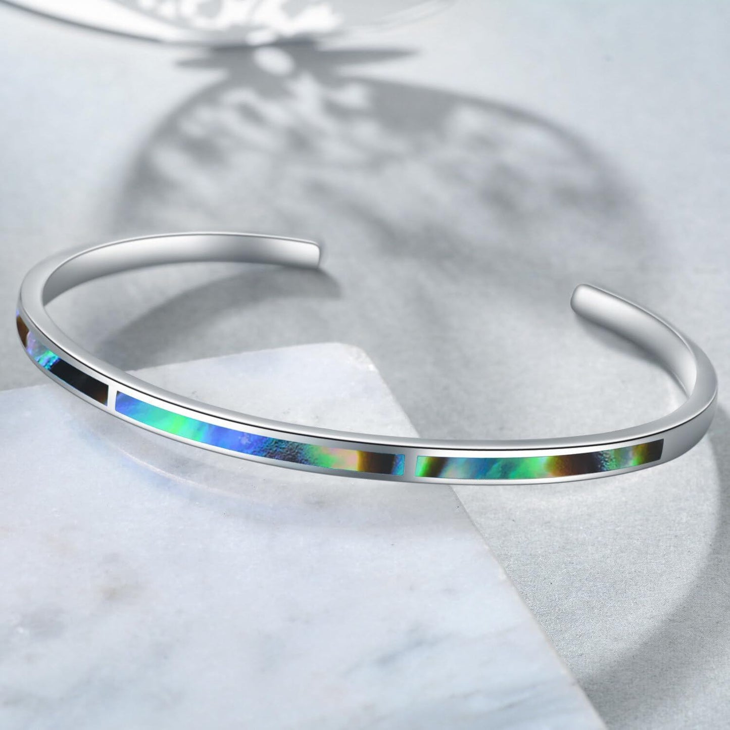 925 Sterling Silver & Abalone Shell Adjustable Cuff Bangle Bracelet with Opal Gemstones