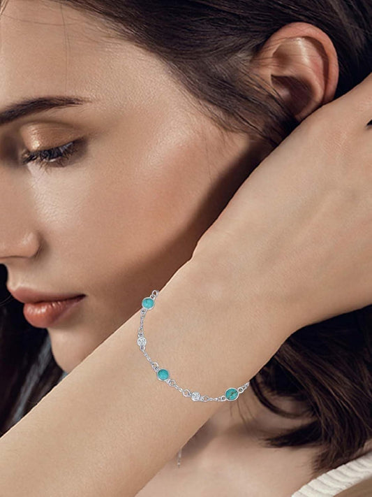 925 Sterling Silver Turquoise Beaded Chain Anklet Bracelet for Women