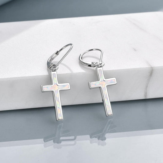 925 Sterling Silver Opal Cross Leverback Dangle Drop Earrings for Women and Men