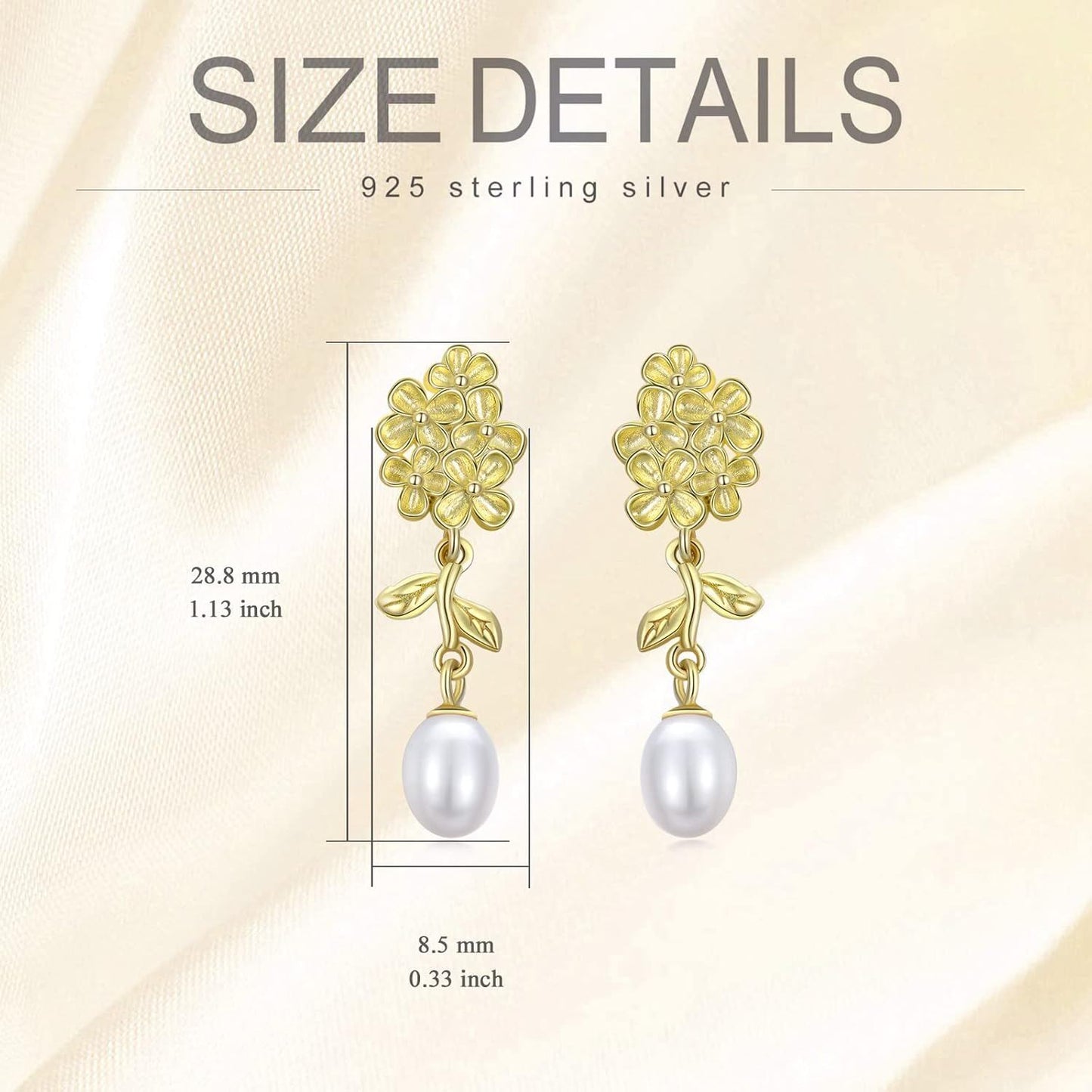 Gold-Plated 925 Sterling Silver Flower and Leaf Design with Pearl Dangle Stud Earrings for Women