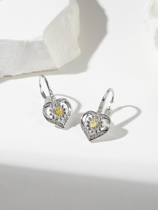 925 Sterling Silver Yellow Citrine Daisy Flower Heart Drop Dangle Lever Back Earrings for Women
