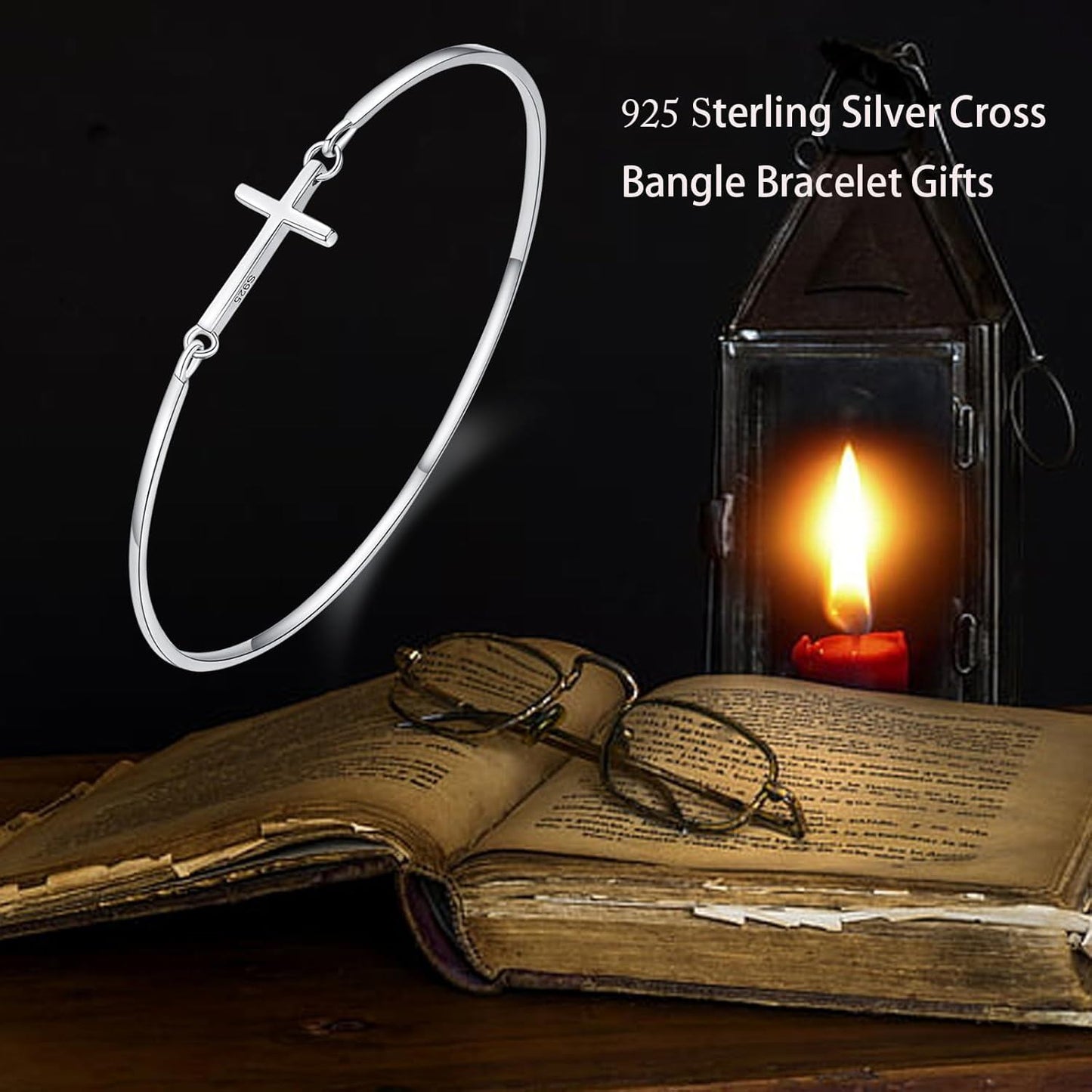 925 Sterling Silver Infinity Cross Bangle Bracelet for Women - Christian Religious s