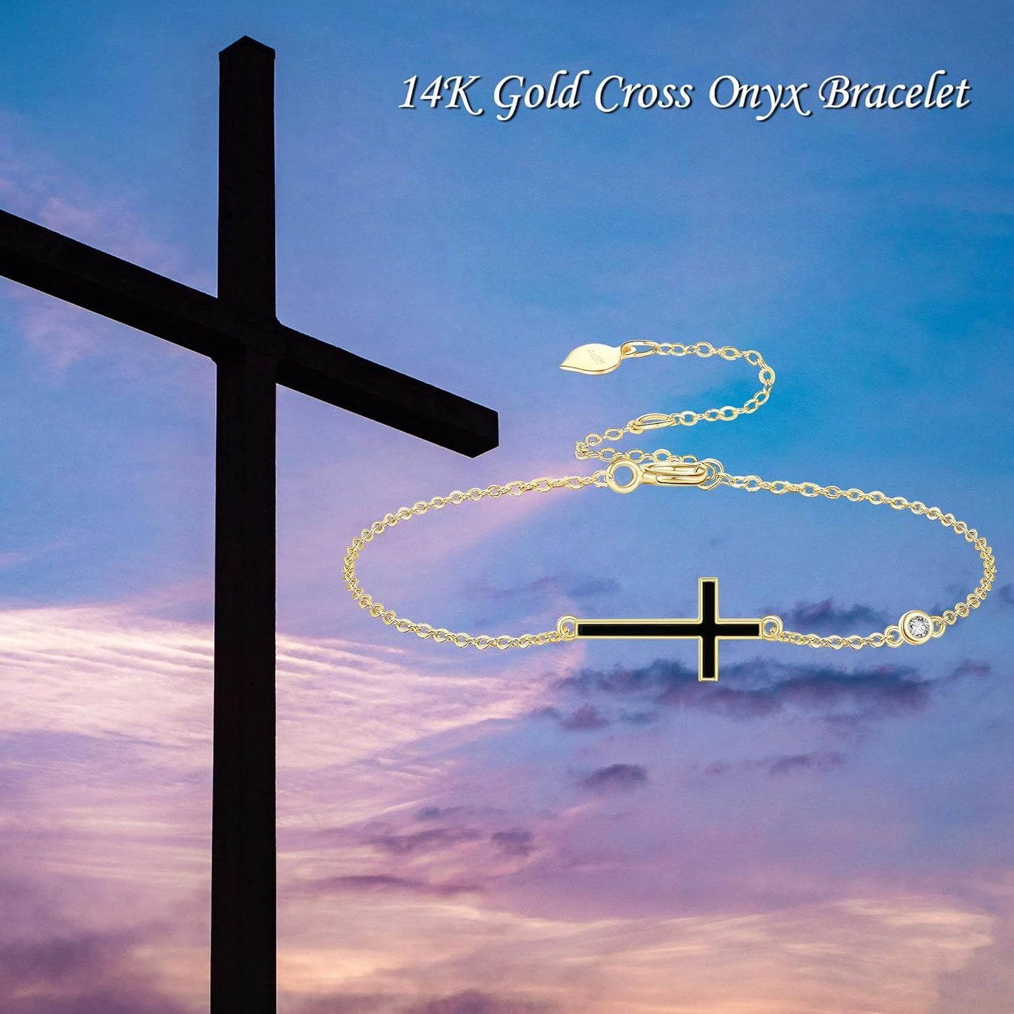 14K Gold Cross Black Onyx Chain Bracelet Holiday Gift for Her