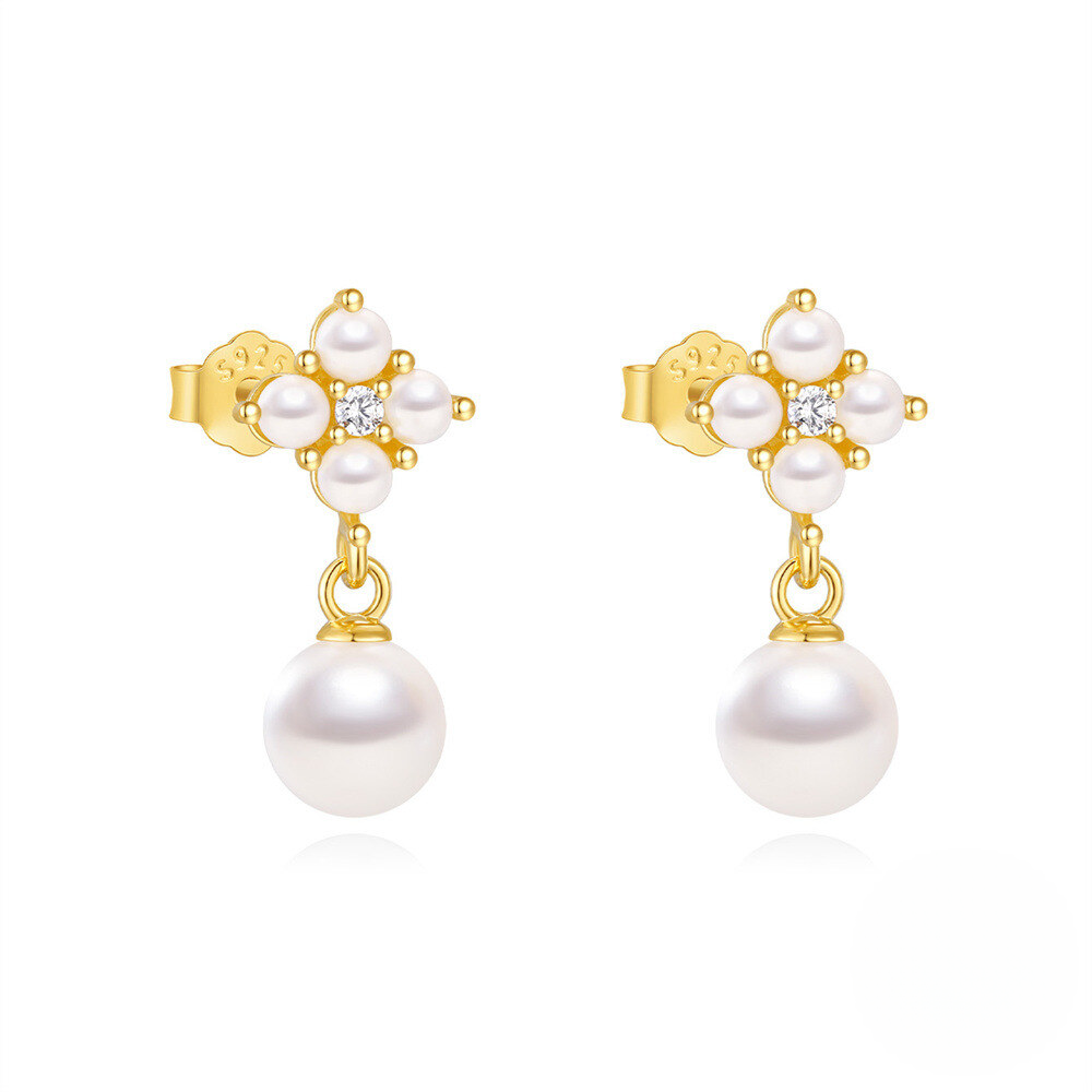 925 Sterling Silver Fashionable Petal Zircon And Pearl Earrings Korean Style Minimalist Studs
