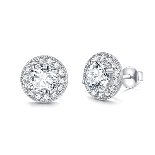 White Gold Plated 925 Sterling Silver Halo Round Cut Moissanite Stud Earrings (6x5 mm)