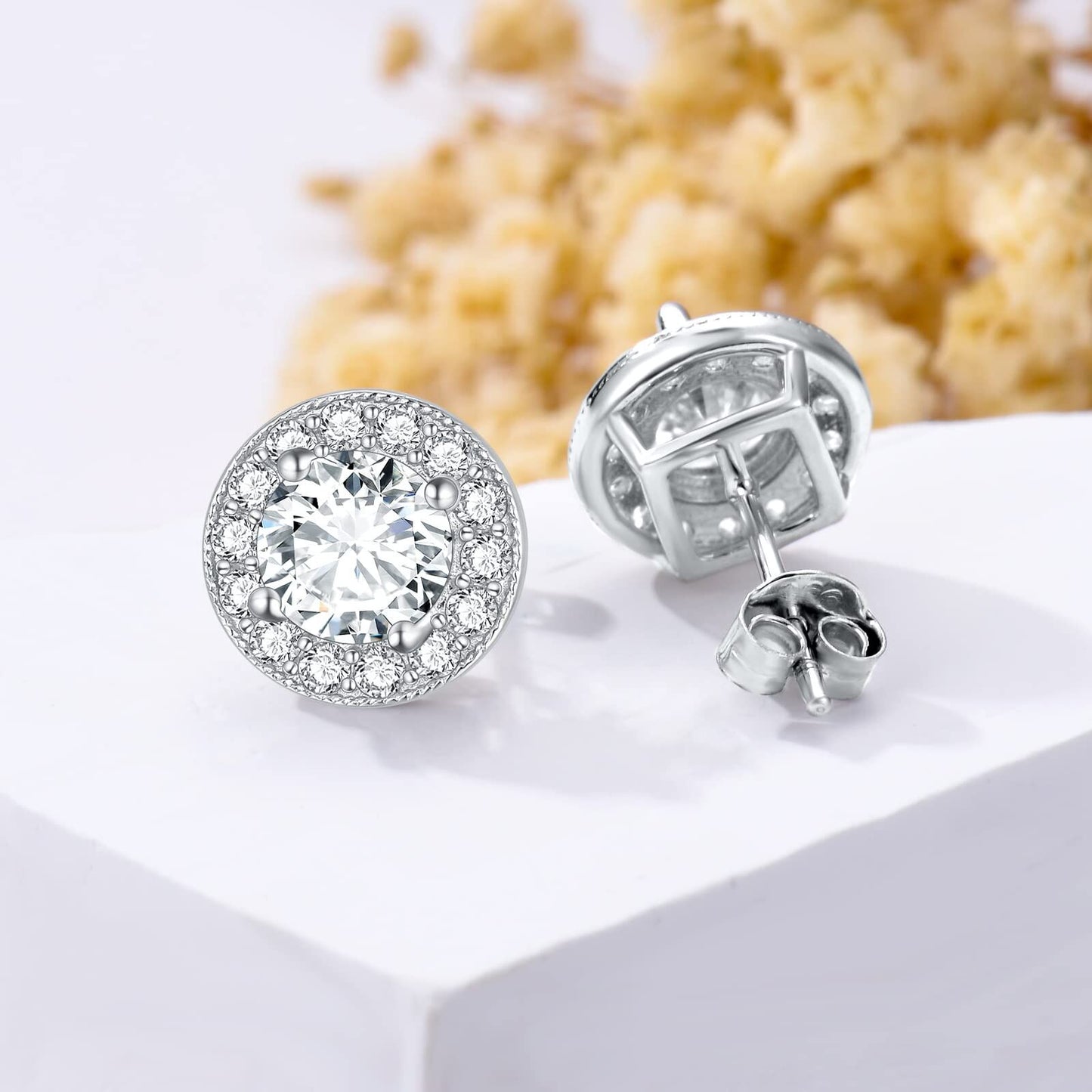 White Gold Plated 925 Sterling Silver Halo Round Cut Moissanite Stud Earrings (6x5 mm)