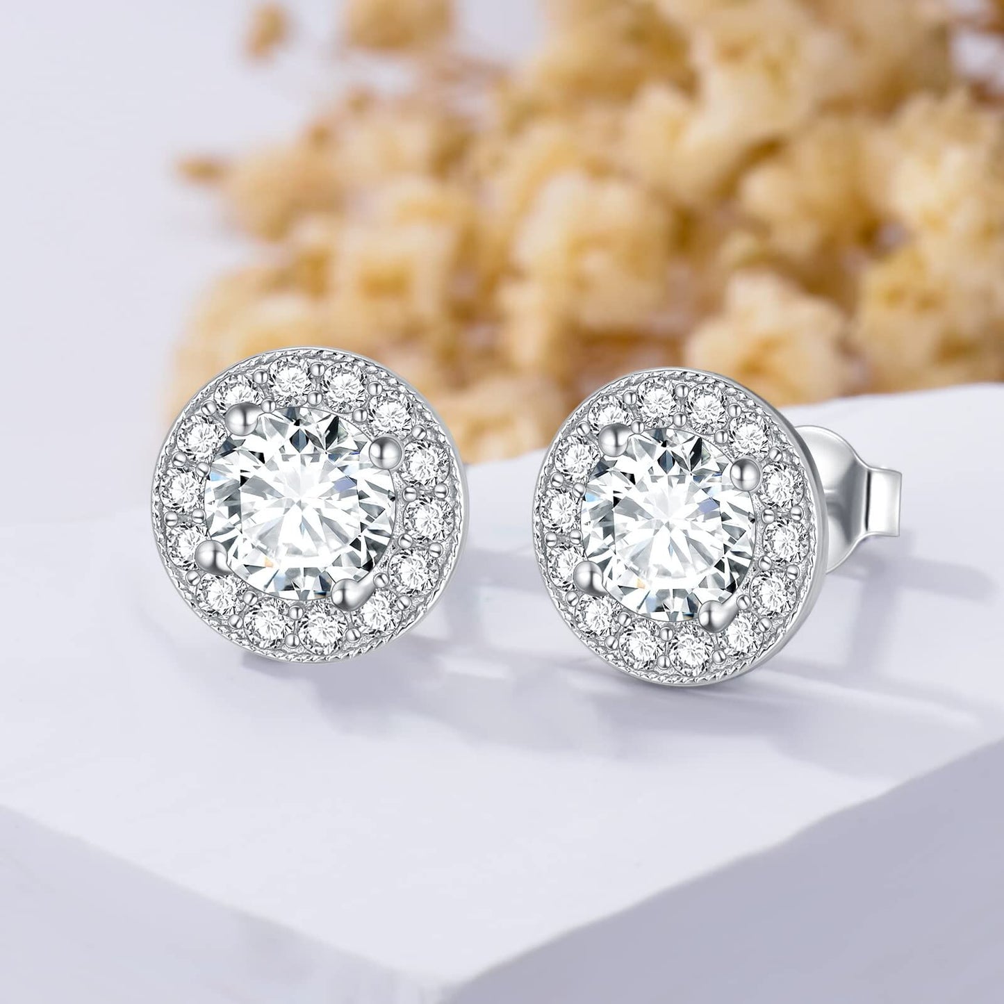 White Gold Plated 925 Sterling Silver Halo Round Cut Moissanite Stud Earrings (6x5 mm)