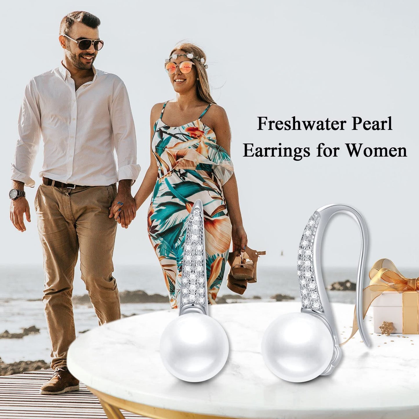 925 Sterling Silver Gold-Plated Freshwater Pearl Dangle Earrings (8mm)