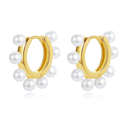 925 Sterling Silver 925 Gold Plated Small Round White Pearls Huggie Hoop Earrings for Women