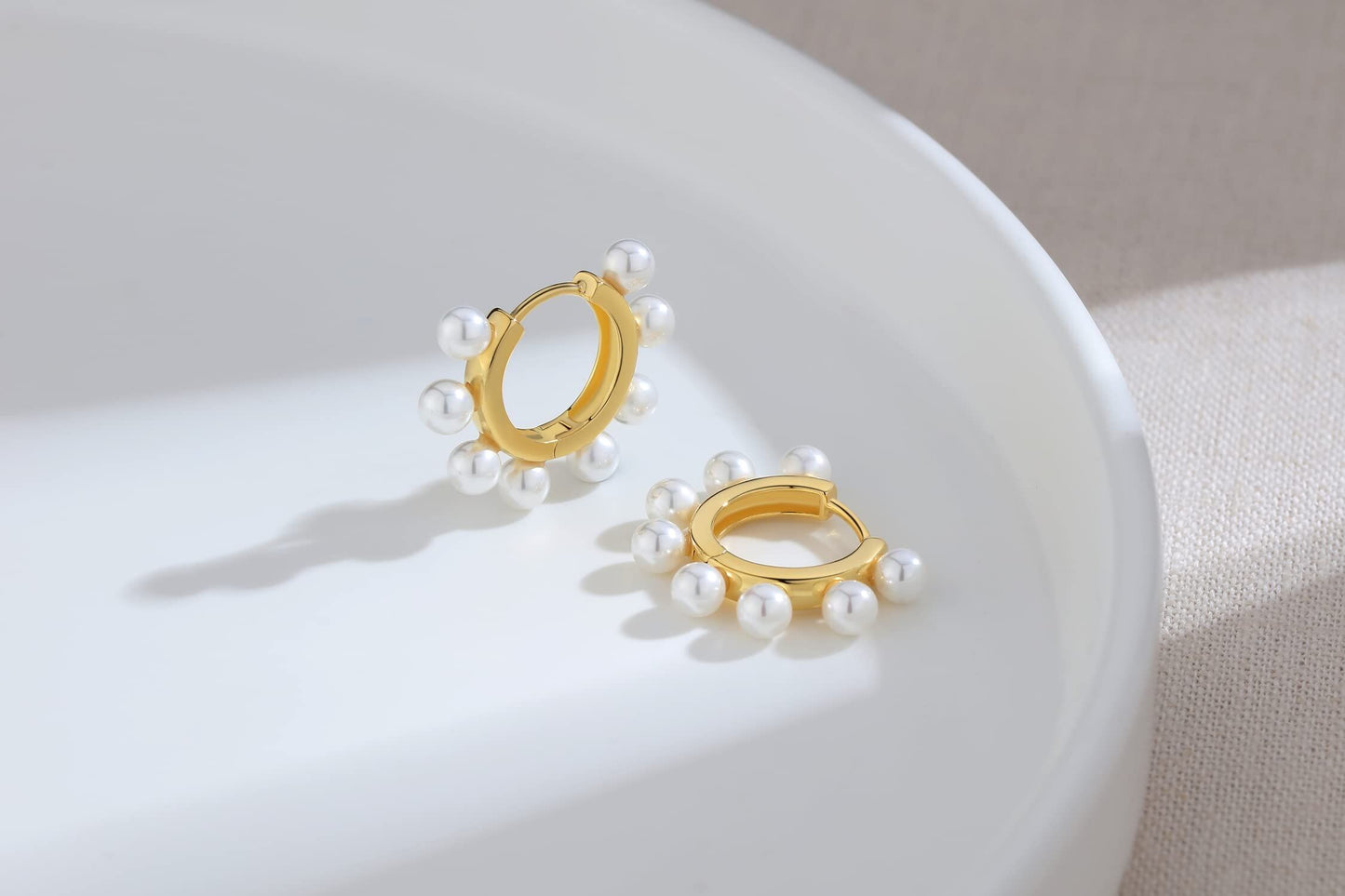 925 Sterling Silver 925 Gold Plated Small Round White Pearls Huggie Hoop Earrings for Women