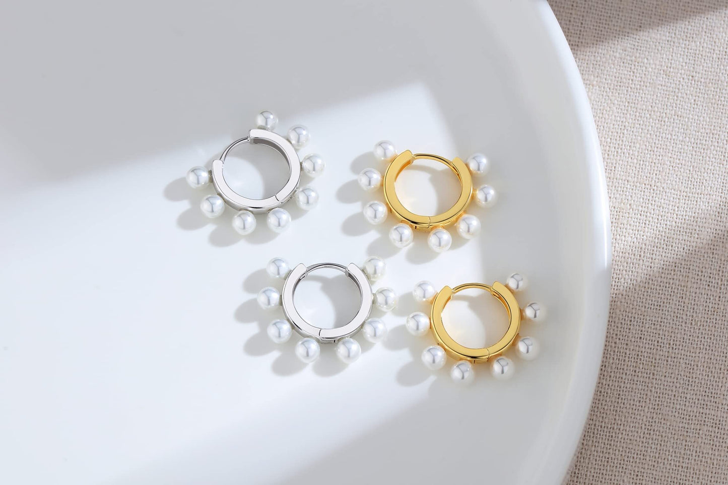 925 Sterling Silver 925 Gold Plated Small Round White Pearls Huggie Hoop Earrings for Women