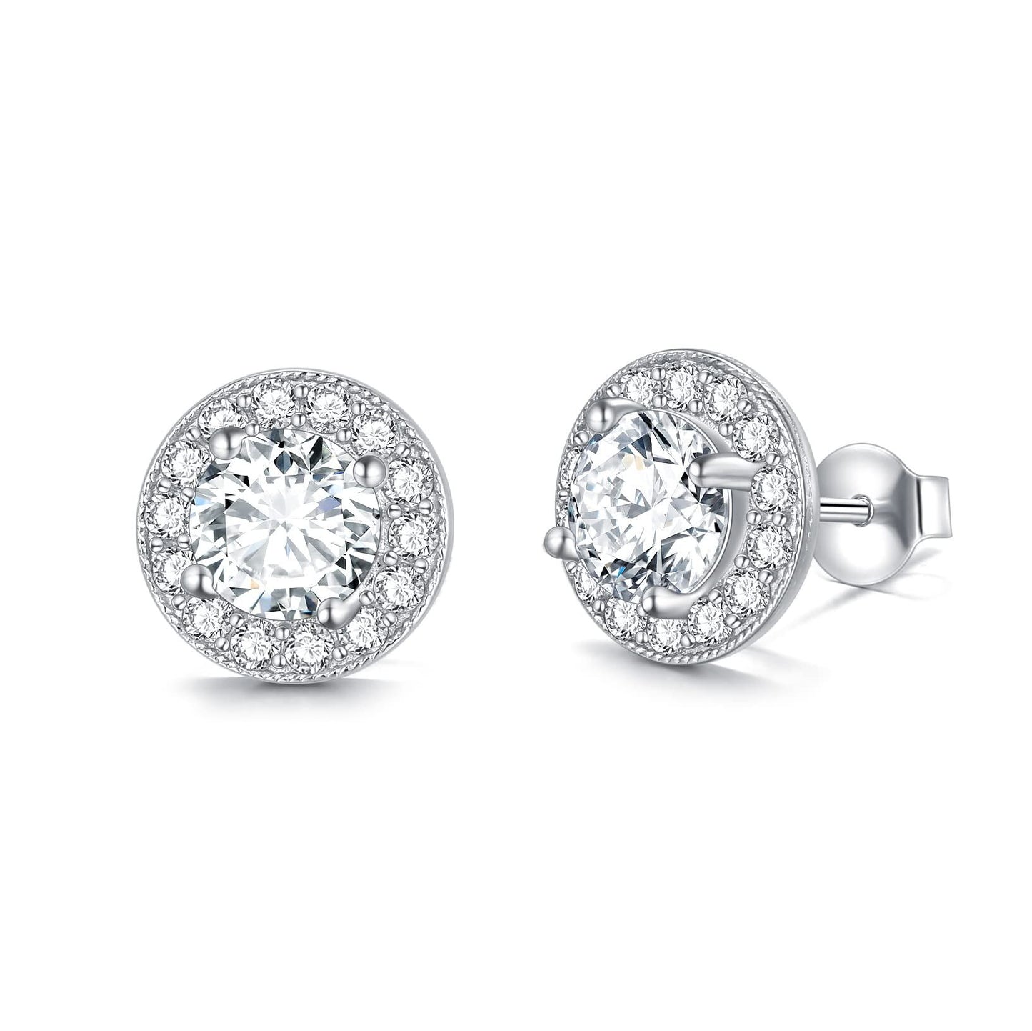 White Gold Plated 925 Sterling Silver Halo Round Cut Moissanite Stud Earrings (6x5 mm)