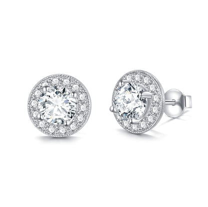 White Gold Plated 925 Sterling Silver Halo Round Cut Moissanite Stud Earrings (6x5 mm)