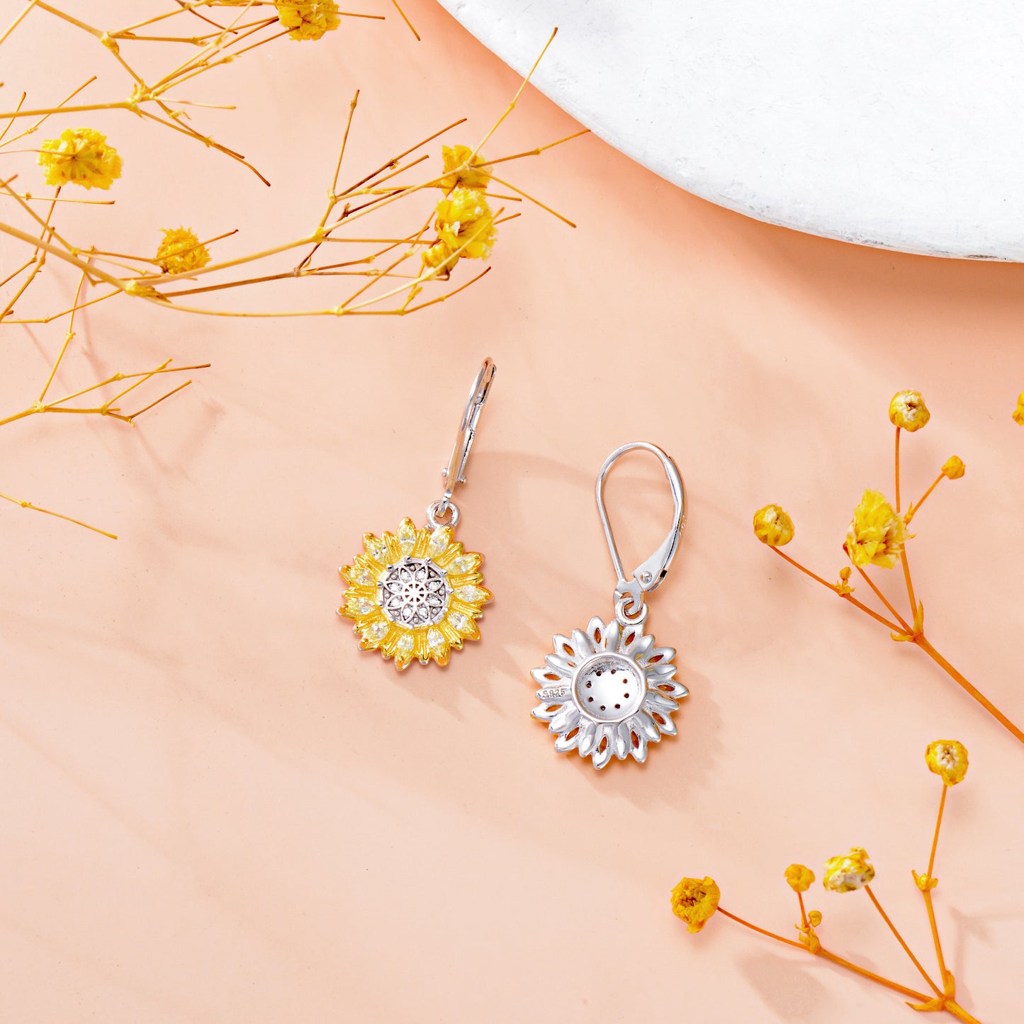 925 Sterling Silver Sunflower Shape Hypoallergenic Hoop Earrings for Women