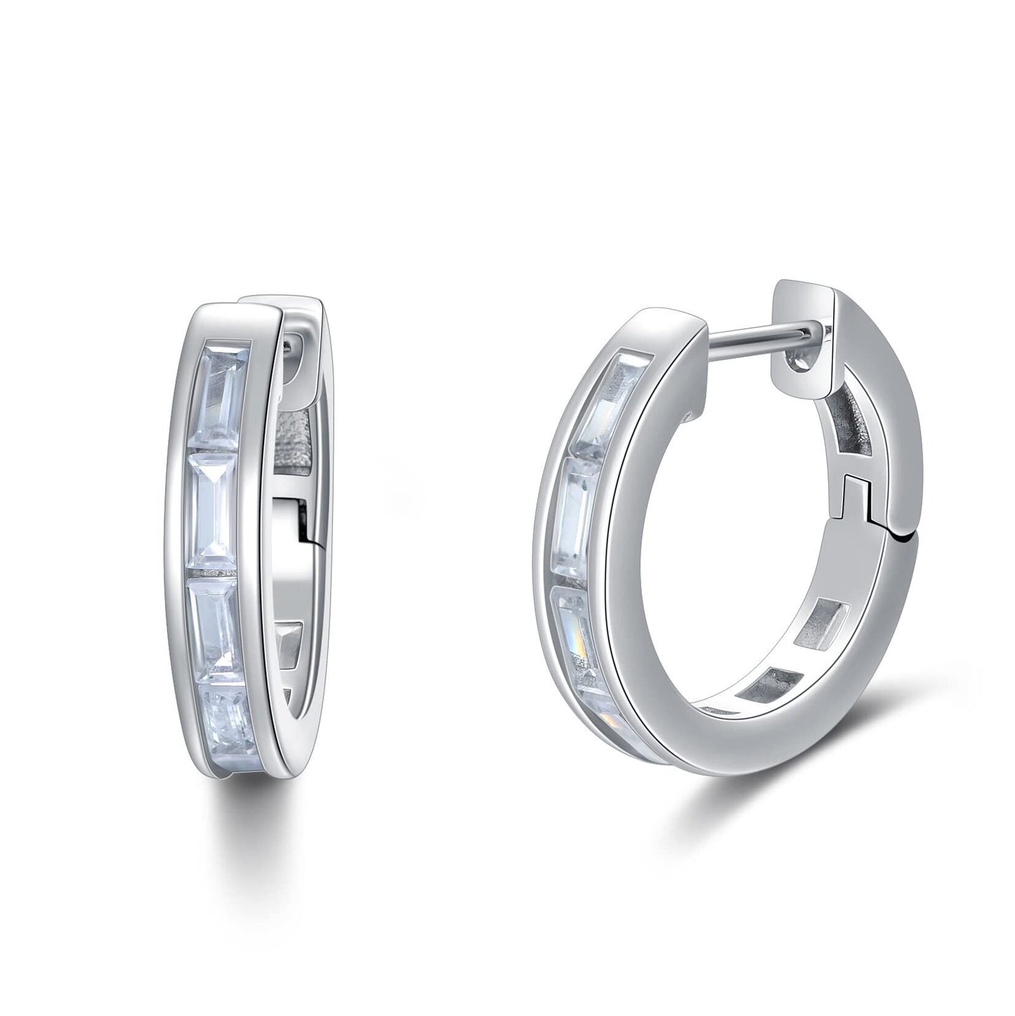 White Gold Plated 925 Sterling Silver Baguette CZ Emerald Cut 18mm Hoop Huggie Earrings