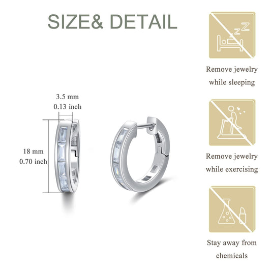 White Gold Plated 925 Sterling Silver Baguette CZ Emerald Cut 18mm Hoop Huggie Earrings