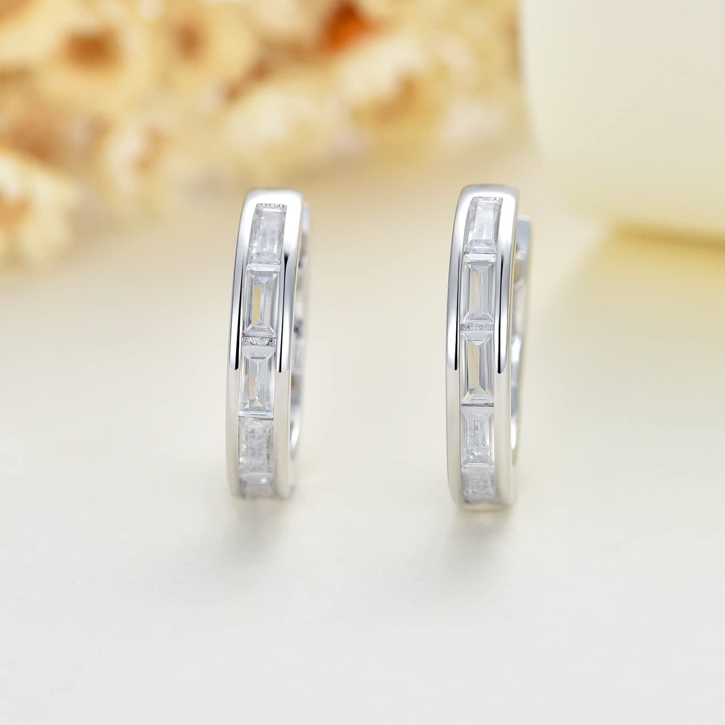 White Gold Plated 925 Sterling Silver Baguette CZ Emerald Cut 18mm Hoop Huggie Earrings