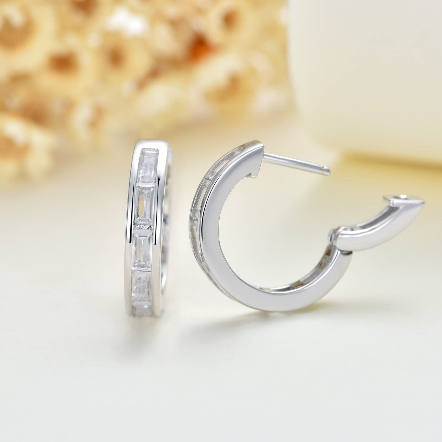 White Gold Plated 925 Sterling Silver Baguette CZ Emerald Cut 18mm Hoop Huggie Earrings