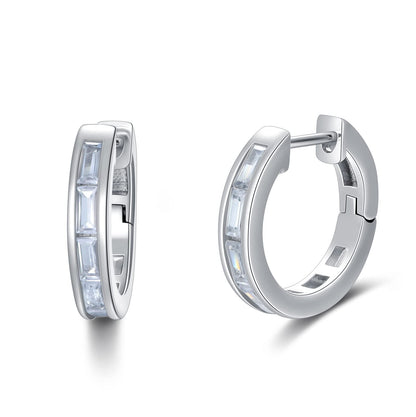 White Gold Plated 925 Sterling Silver Baguette CZ Emerald Cut 18mm Hoop Huggie Earrings