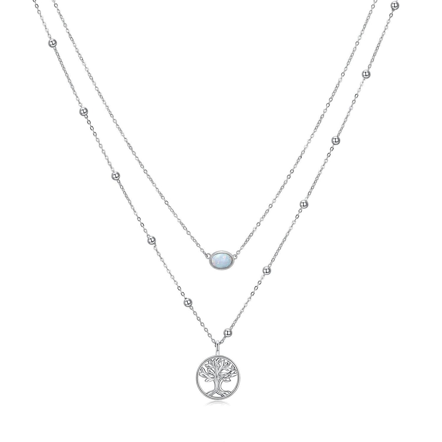 925 Sterling Silver Tree of Life Opal Pendant Layered Choker Necklaces for Women Gifts