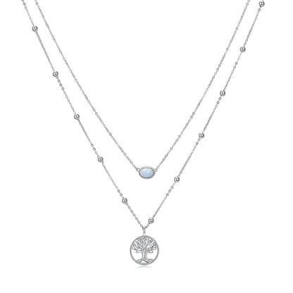 925 Sterling Silver Tree of Life Opal Pendant Layered Choker Necklaces for Women Gifts