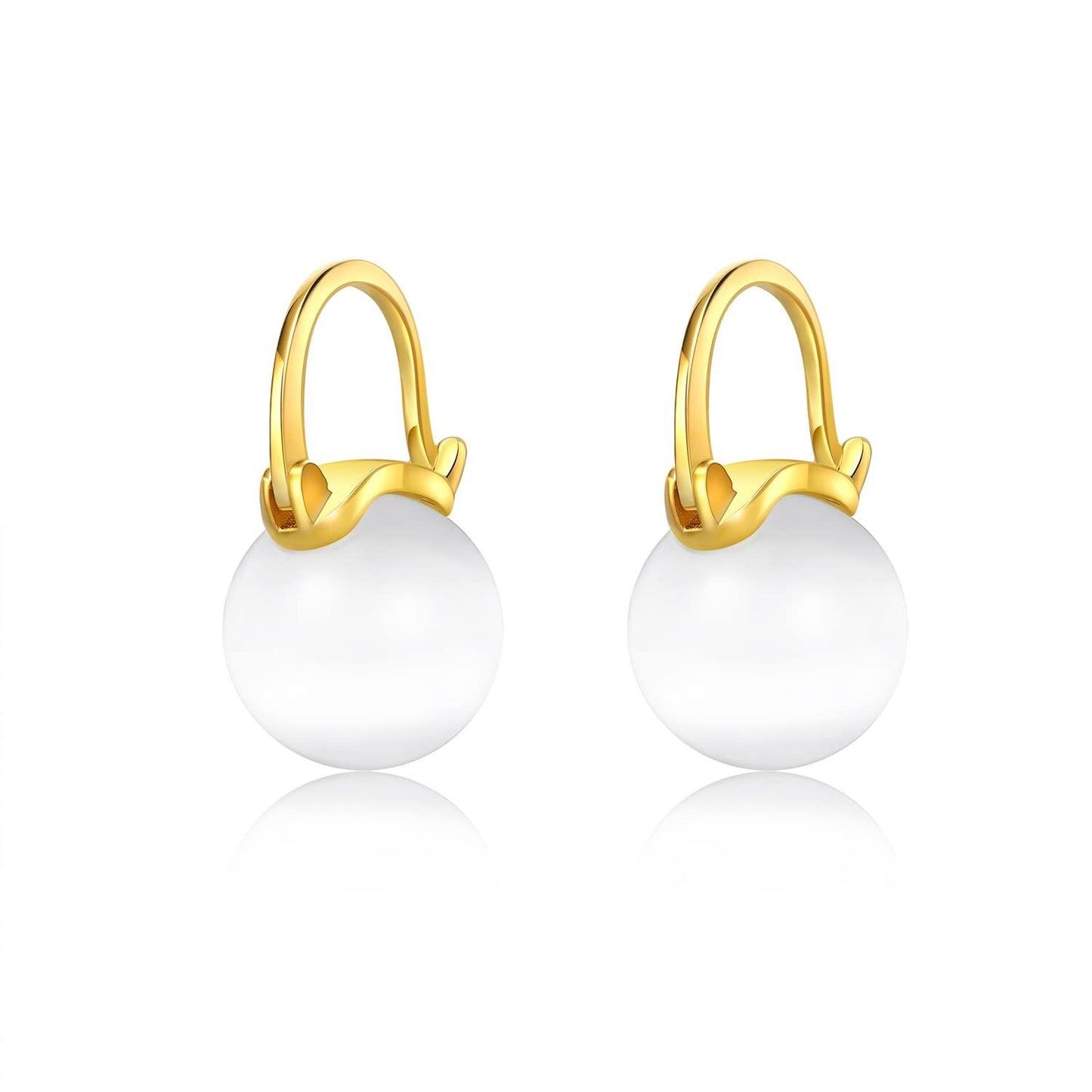 Gold 925 Sterling Silver Round White Shell Pearl Leverback Hoop Earrings 23mm Diameter
