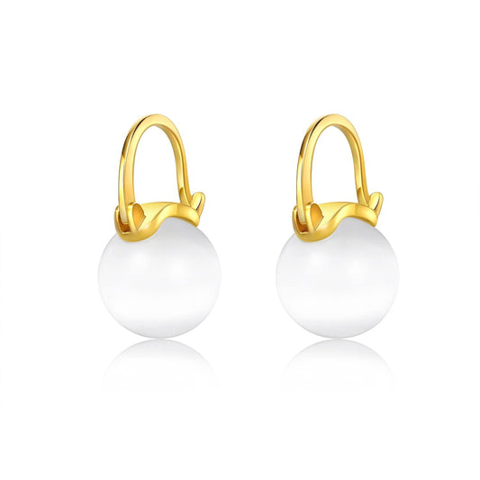 Gold 925 Sterling Silver Round White Shell Pearl Leverback Hoop Earrings 23mm Diameter