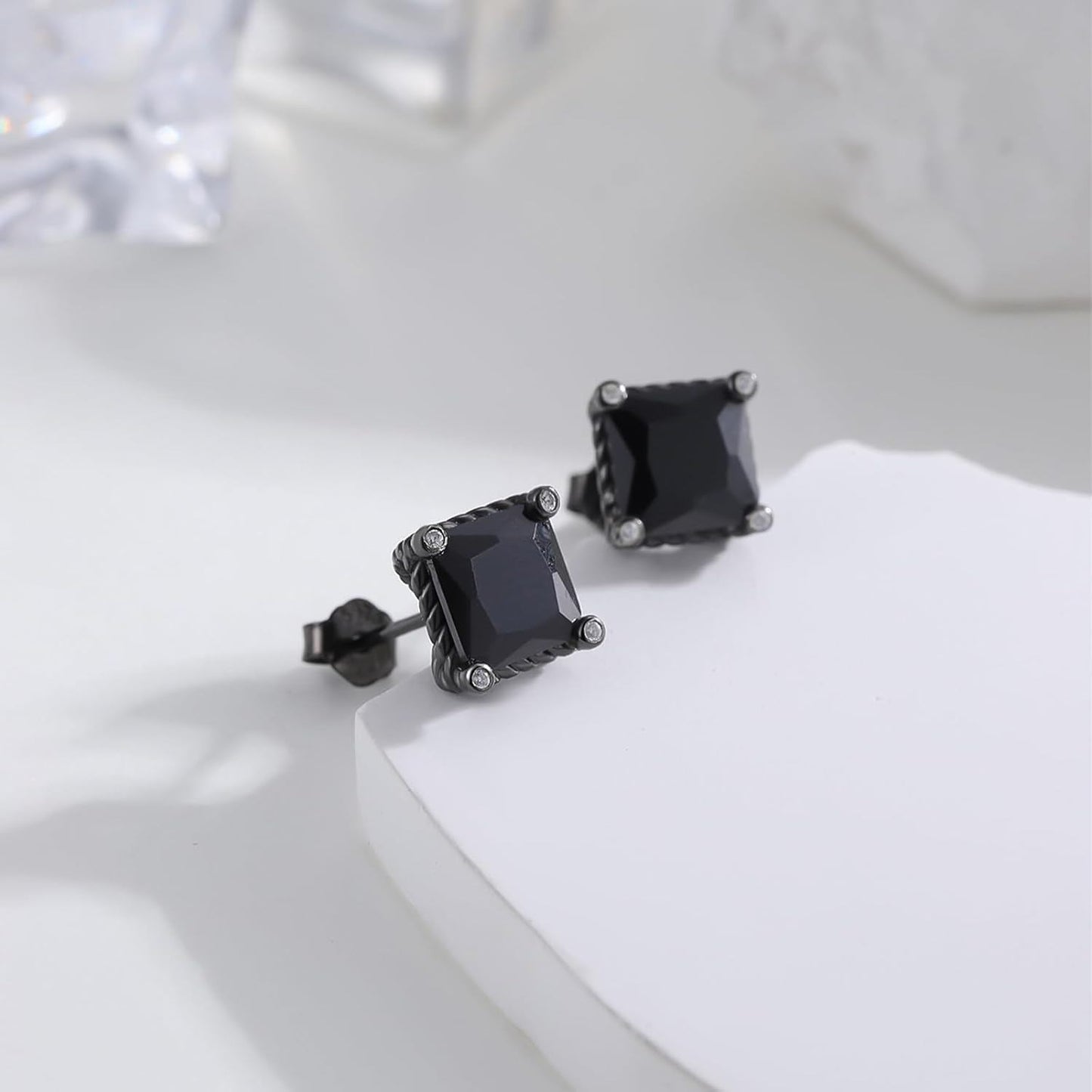 Black 925 Sterling Silver Black CZ Rope Edge Square Stud Earrings 8mm