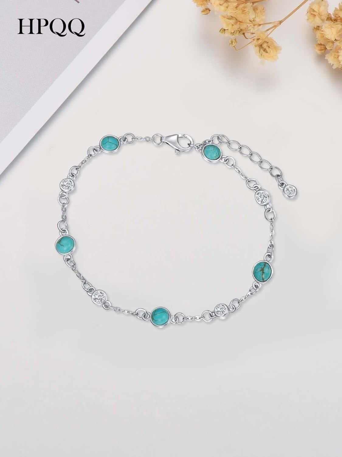 925 Sterling Silver Turquoise Beaded Chain Anklet Bracelet for Women