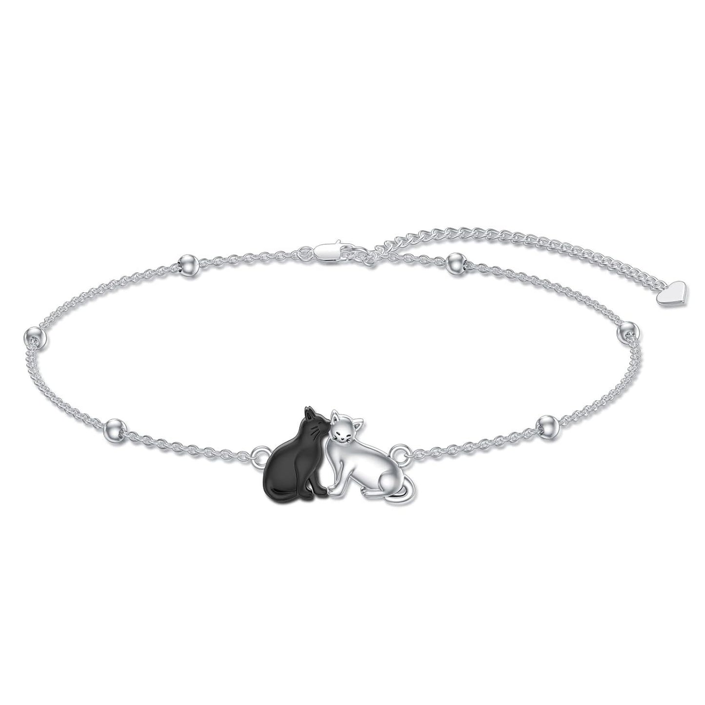 925 Sterling Silver Black & White Cats Adjustable Link Chain Bracelet (7-9 inches)
