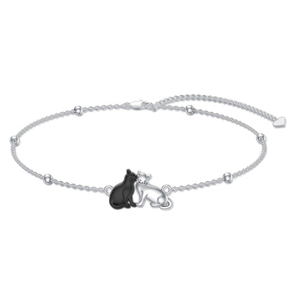 925 Sterling Silver Black & White Cats Adjustable Link Chain Bracelet (7-9 inches)