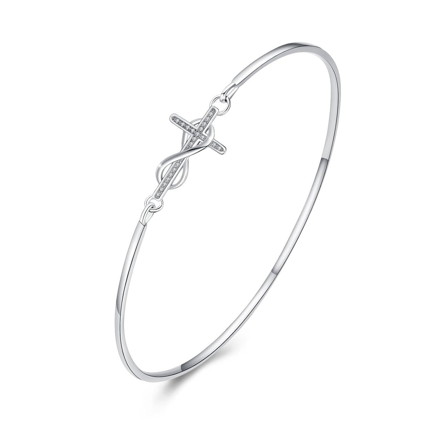 925 Sterling Silver Infinity Cross Charm Bangle Bracelet for Women - Christian Religious s