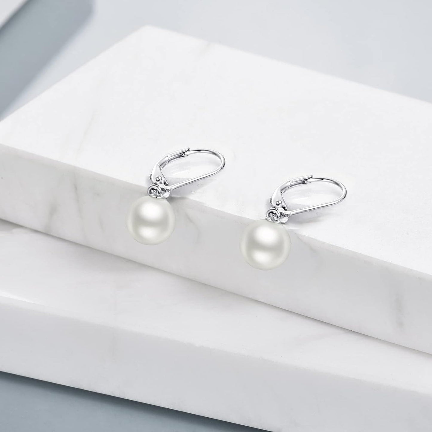 925 Sterling Silver White Round Pearl Leverback Dangle Drop Earrings for Women
