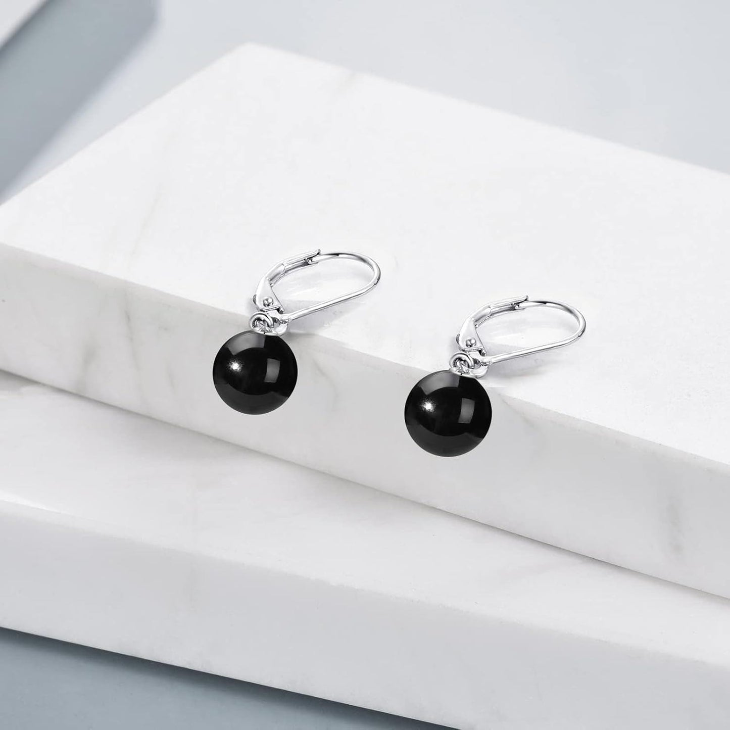 925 Sterling Silver Black Onyx Ball Leverback Dangle Drop Earrings for Women