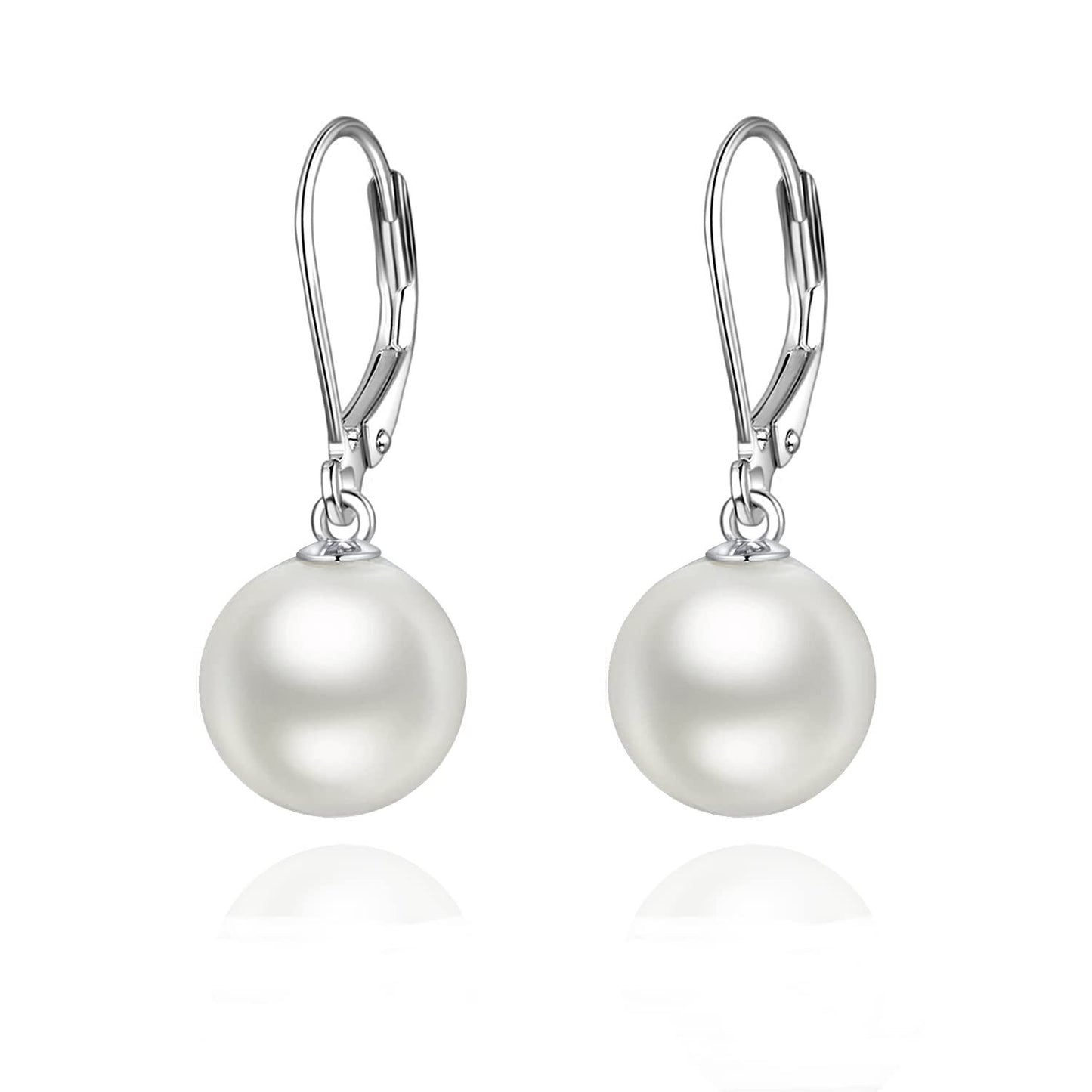 925 Sterling Silver White Round Pearl Leverback Dangle Drop Earrings for Women