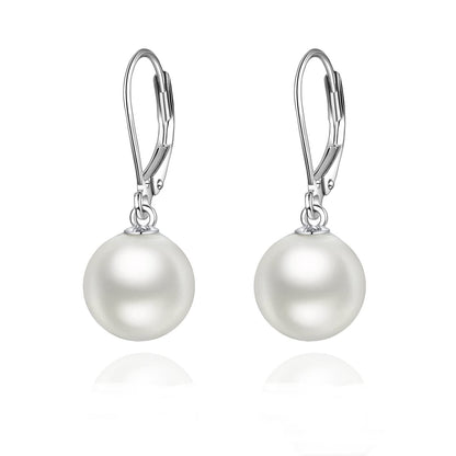 925 Sterling Silver White Round Pearl Leverback Dangle Drop Earrings for Women