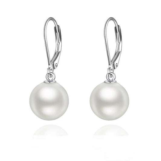 925 Sterling Silver White Round Pearl Leverback Dangle Drop Earrings for Women