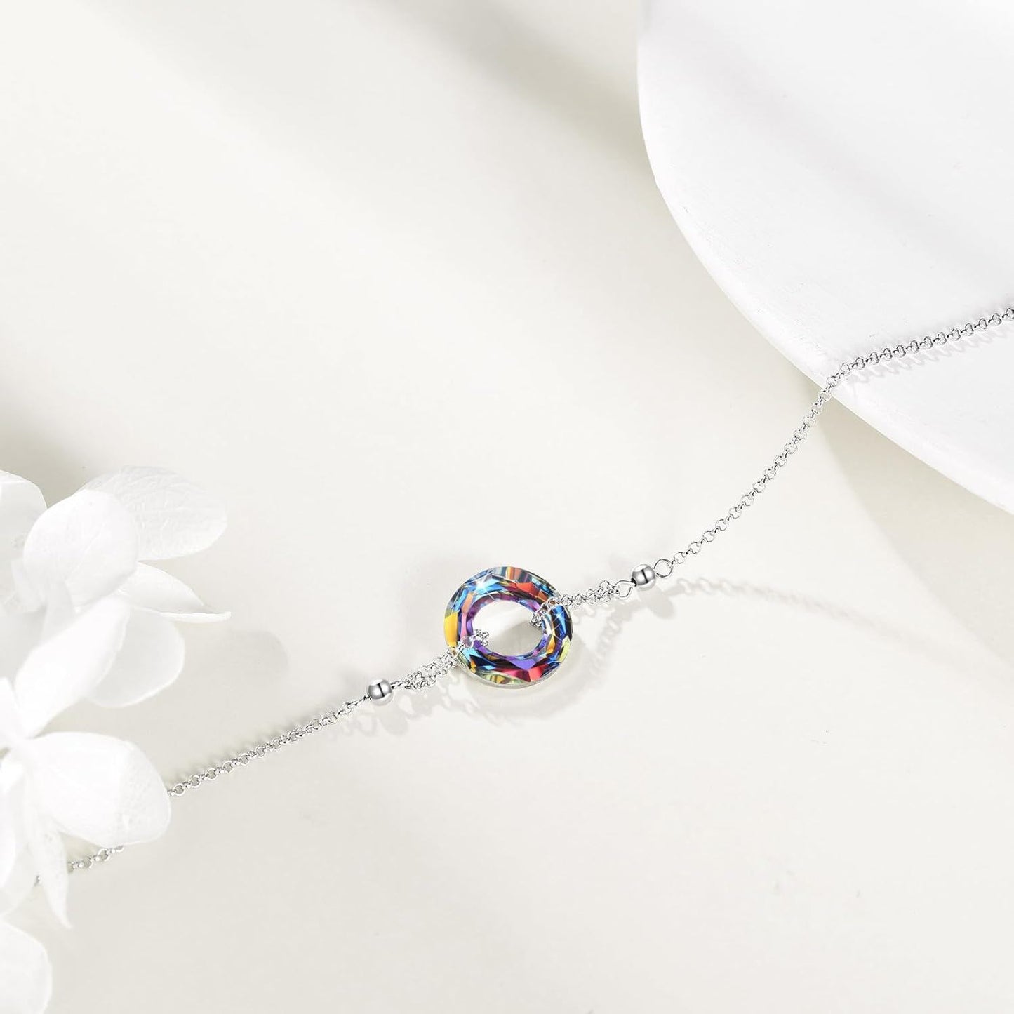 925 Sterling Silver Blue Crystal Circle Chain Bracelet for Women s
