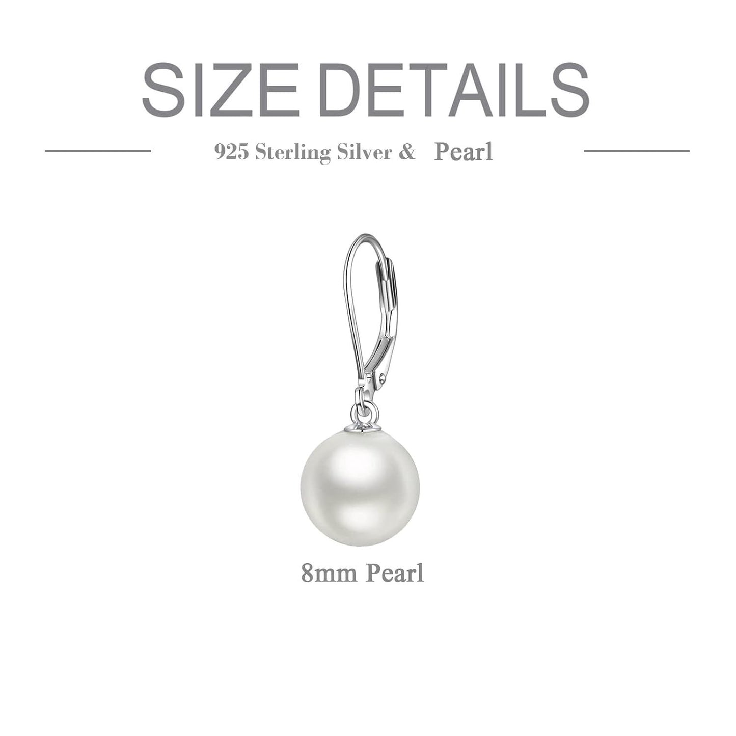 925 Sterling Silver White Round Pearl Leverback Dangle Drop Earrings for Women